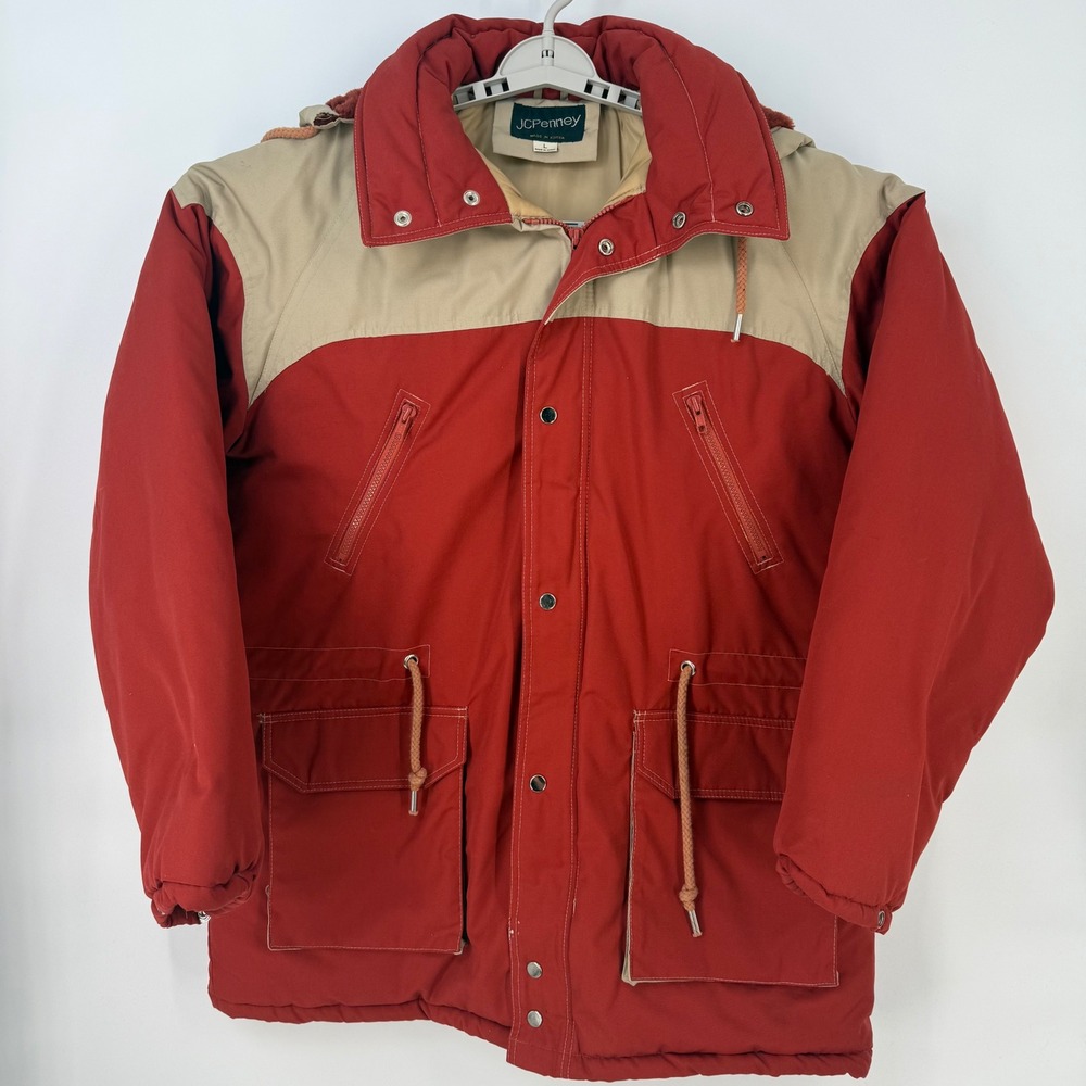 Vintage JCPenney Mens Red Khaki Color Block Winter Parka Hooded‎ Jacket Size L